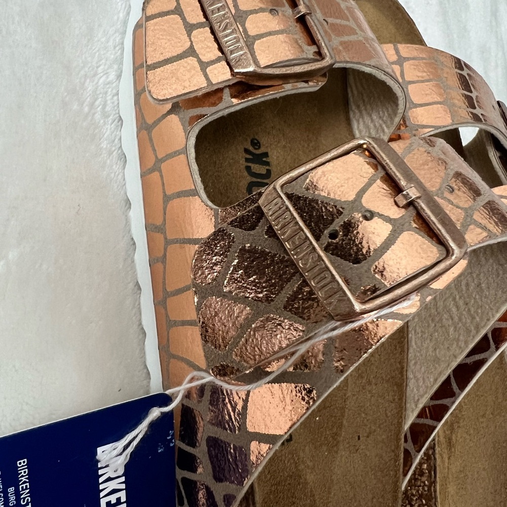Birkenstock Arizona Sandals 37 Womens US 6/6.5 Gator Gleam Copper Buckle Strap - Picture 7 of 9